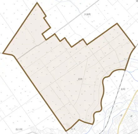 稔町とその周辺の地図。町の範囲を重ねている