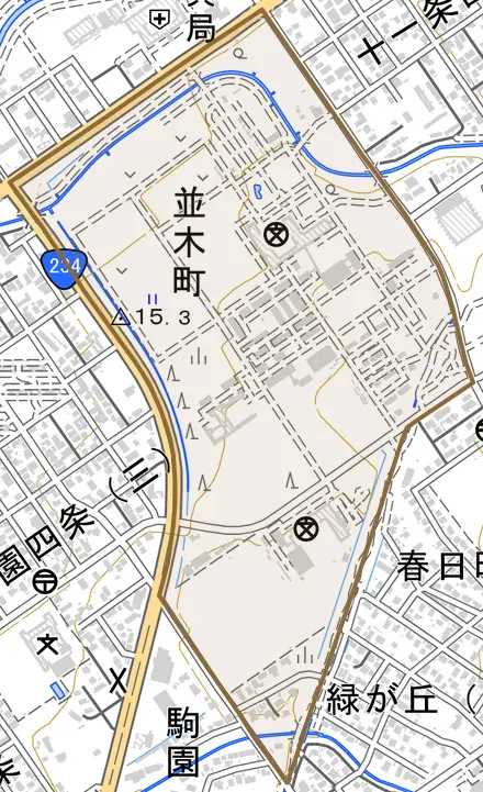 並木町とその周辺の地図。町の範囲を重ねている
