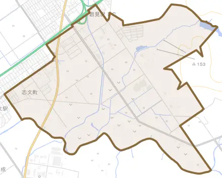 志文町とその周辺の地図。町の範囲を重ねている