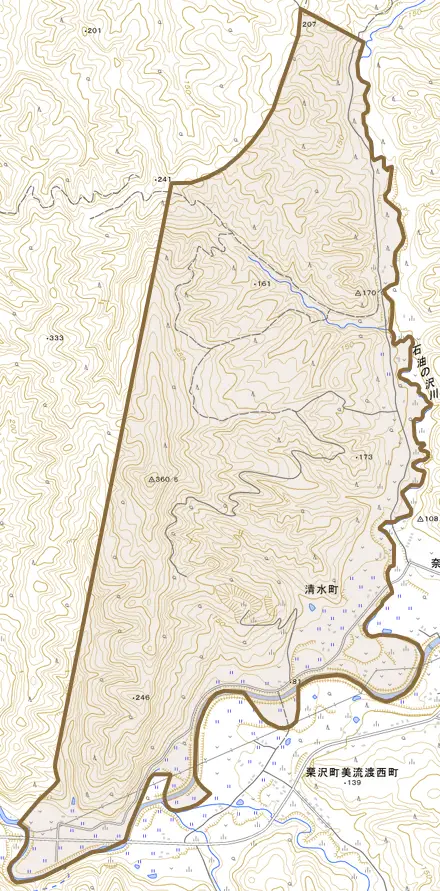清水町とその周辺の地図。町の範囲を重ねている