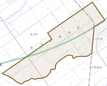 下志文町とその周辺の地図。町の範囲を重ねている