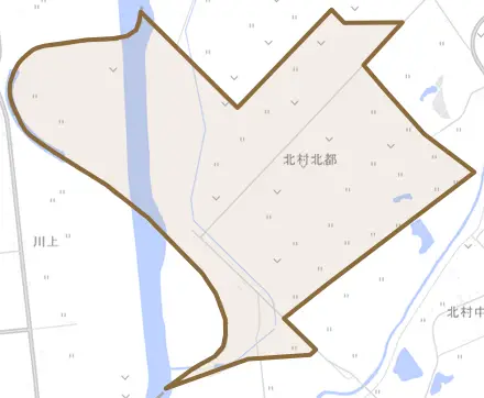 北村北都とその周辺の地図。町の範囲を重ねている