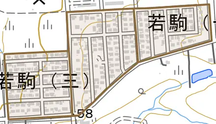 若駒とその周辺の地図。町の範囲を重ねている