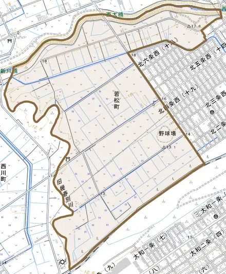 若松町とその周辺の地図。町の範囲を重ねている