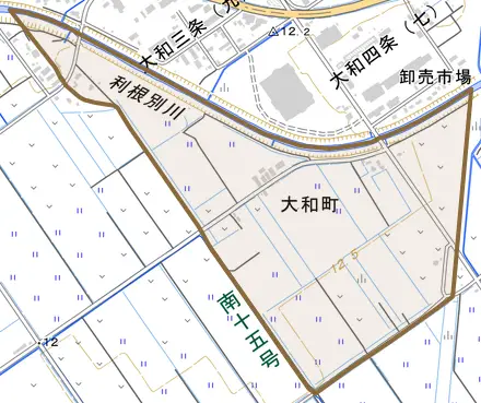 大和町とその周辺の地図。町の範囲を重ねている