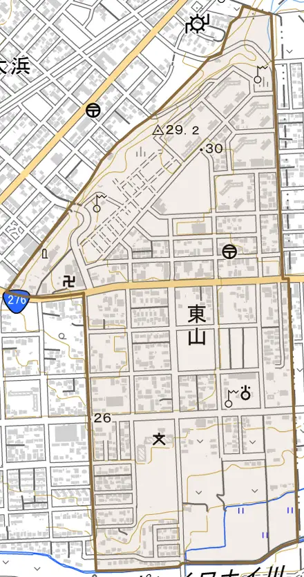 東山とその周辺の地図。町の範囲を重ねている
