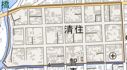 清住とその周辺の地図。町の範囲を重ねている