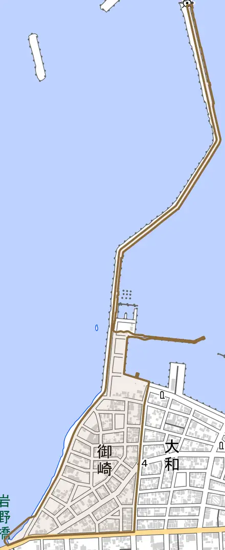御崎とその周辺の地図。町の範囲を重ねている