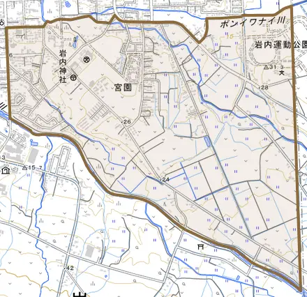 宮園とその周辺の地図。町の範囲を重ねている