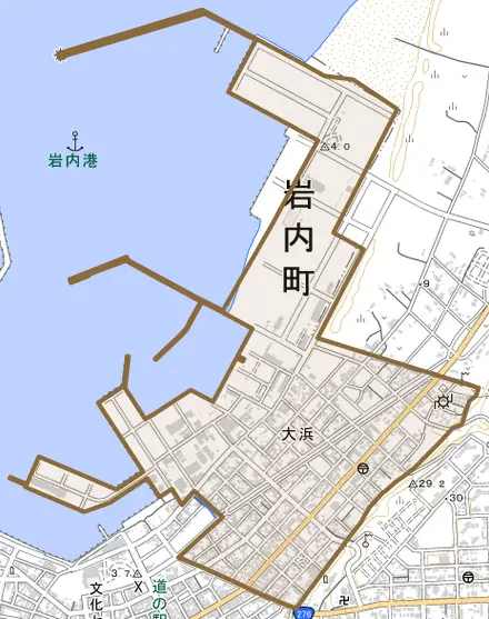 大浜とその周辺の地図。町の範囲を重ねている