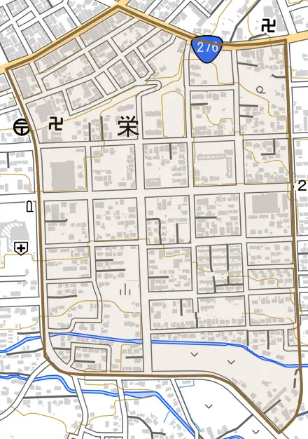 栄とその周辺の地図。町の範囲を重ねている