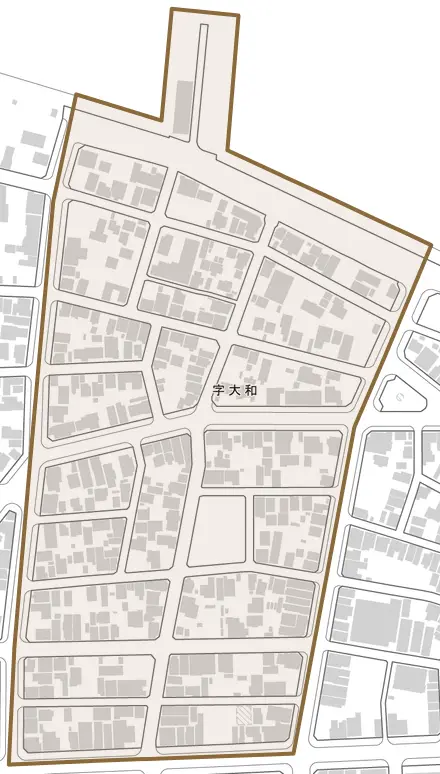 大和とその周辺の地図。町の範囲を重ねている