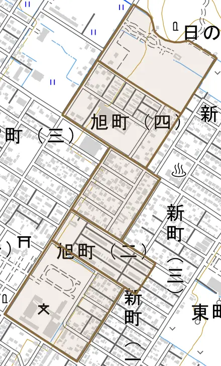 旭町とその周辺の地図。町の範囲を重ねている