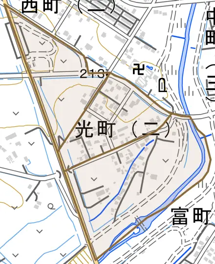 光町とその周辺の地図。町の範囲を重ねている