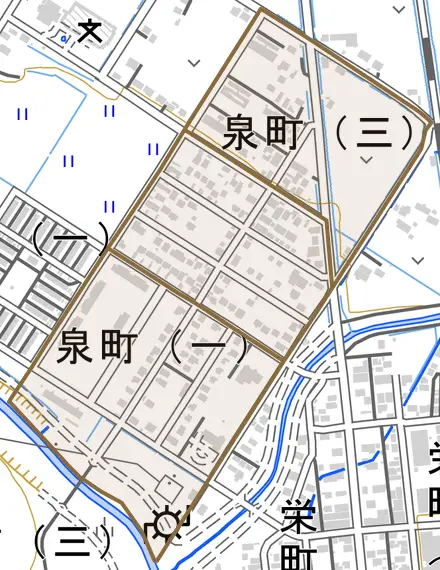 泉町とその周辺の地図。町の範囲を重ねている