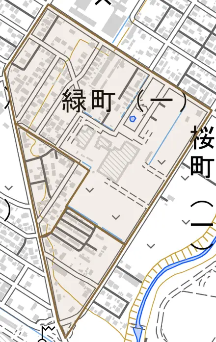 緑町とその周辺の地図。町の範囲を重ねている