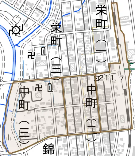 中町とその周辺の地図。町の範囲を重ねている