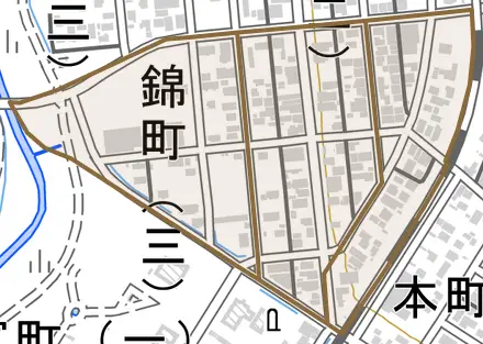 錦町とその周辺の地図。町の範囲を重ねている