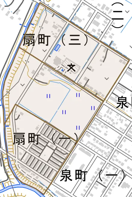 扇町とその周辺の地図。町の範囲を重ねている