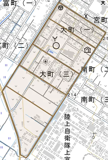 大町とその周辺の地図。町の範囲を重ねている