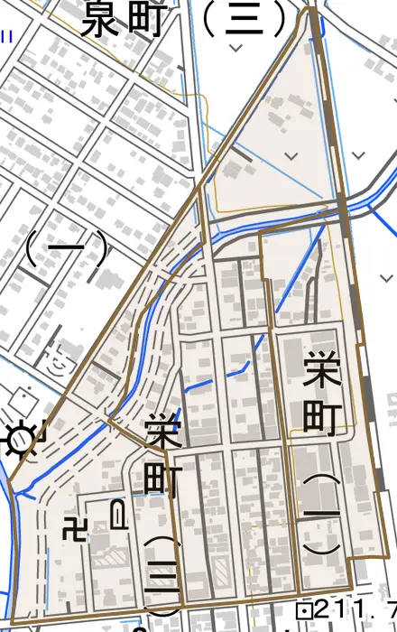 栄町とその周辺の地図。町の範囲を重ねている