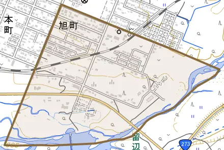 旭町とその周辺の地図。町の範囲を重ねている