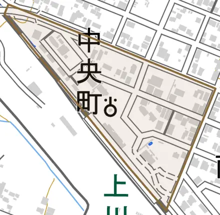 中央町とその周辺の地図。町の範囲を重ねている