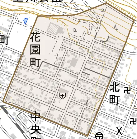 花園町とその周辺の地図。町の範囲を重ねている