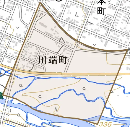 川端町とその周辺の地図。町の範囲を重ねている