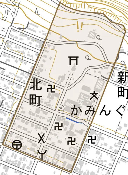 北町とその周辺の地図。町の範囲を重ねている
