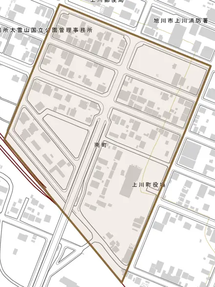 南町とその周辺の地図。町の範囲を重ねている