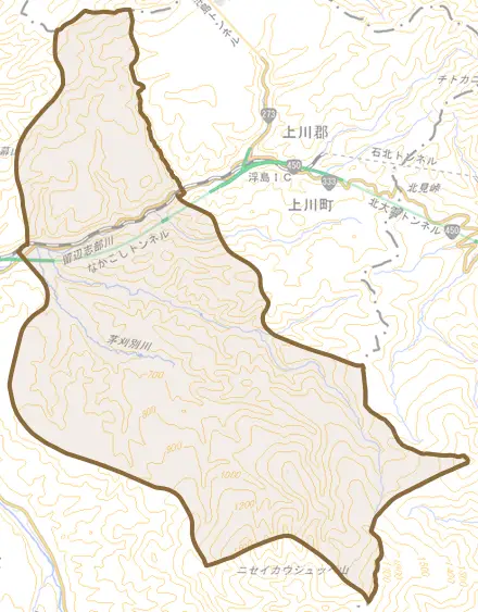 字中越とその周辺の地図。町の範囲を重ねている