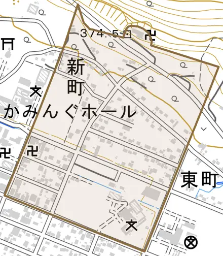 新町とその周辺の地図。町の範囲を重ねている