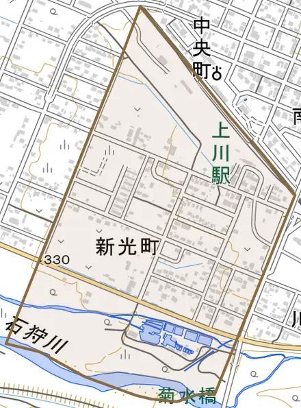 新光町とその周辺の地図。町の範囲を重ねている