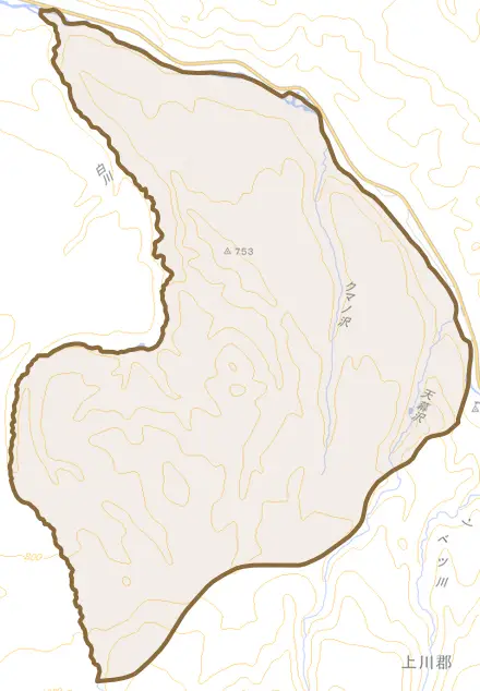 字白川とその周辺の地図。町の範囲を重ねている
