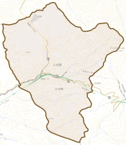 字上越とその周辺の地図。町の範囲を重ねている