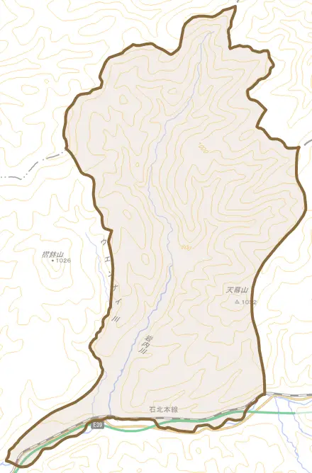 字天幕とその周辺の地図。町の範囲を重ねている