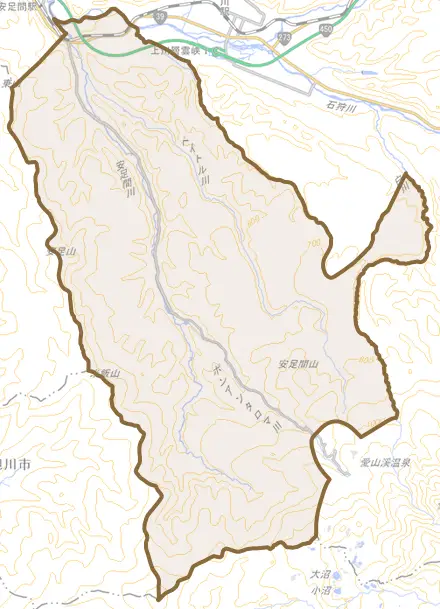 字東雲とその周辺の地図。町の範囲を重ねている