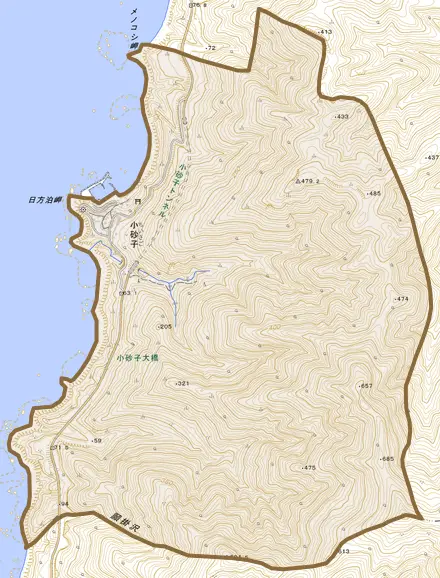 字小砂子とその周辺の地図。町の範囲を重ねている