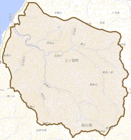 字早川とその周辺の地図。町の範囲を重ねている