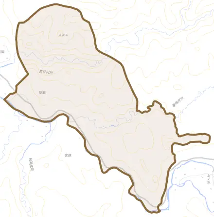 字早瀬とその周辺の地図。町の範囲を重ねている