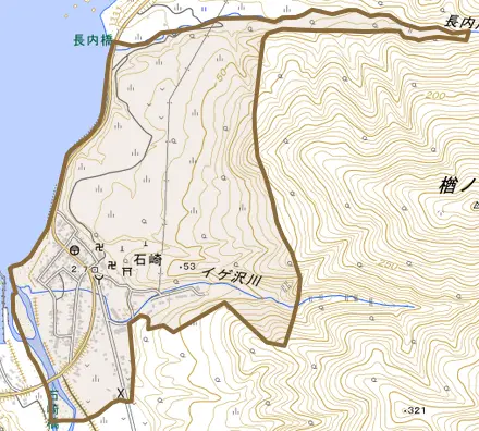字石崎とその周辺の地図。町の範囲を重ねている