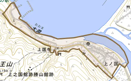 字上ノ国とその周辺の地図。町の範囲を重ねている