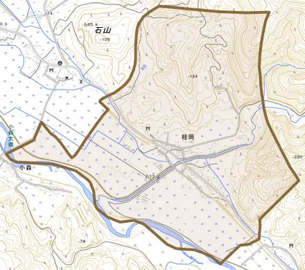 字桂岡とその周辺の地図。町の範囲を重ねている