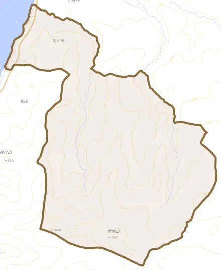 字木ノ子とその周辺の地図。町の範囲を重ねている