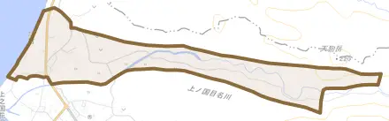 字北村とその周辺の地図。町の範囲を重ねている