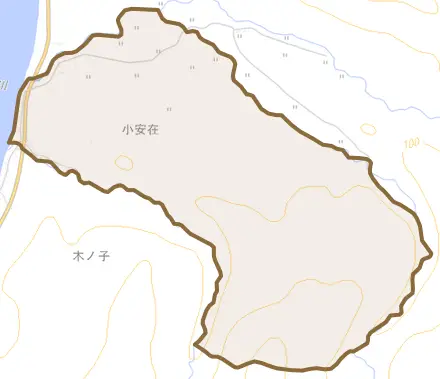 字小安在とその周辺の地図。町の範囲を重ねている