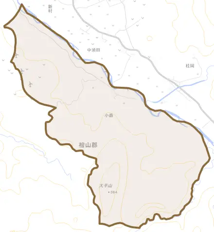 字小森とその周辺の地図。町の範囲を重ねている