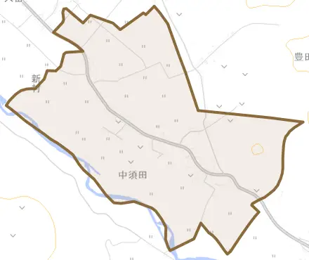 字中須田とその周辺の地図。町の範囲を重ねている