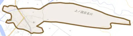 字大留とその周辺の地図。町の範囲を重ねている